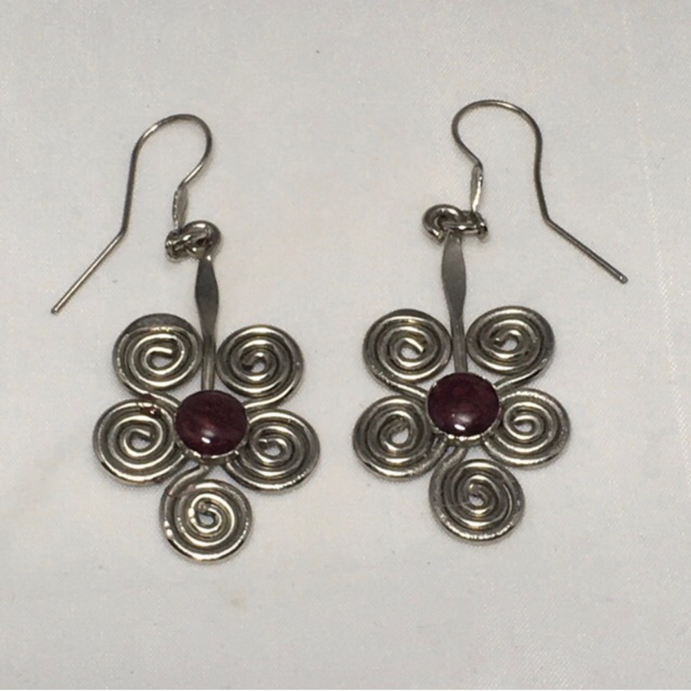 Silver-tone Spirals Earrings with Purple Stone Center